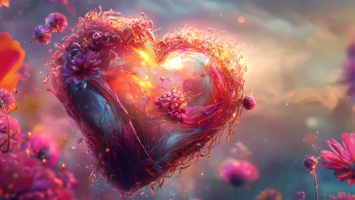 Procedurally Generated Heart Form with Organic Floral Integration and Luminous Energy Emission