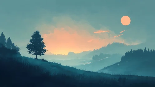 Solitary tree silhouettes against misty cyan mountains at dusk