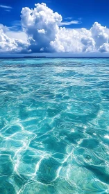 Cumulus convection above refractive turquoise shallows seascape.