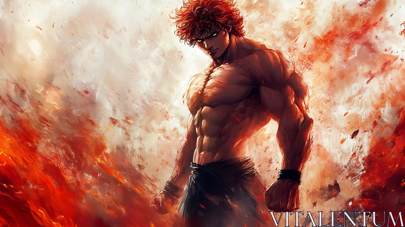 Flaming warrior stands amid swirling inferno brushstrokes.