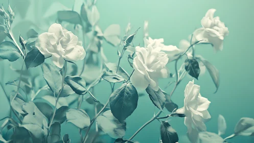 Soft white roses drift in a tranquil teal botanical haze