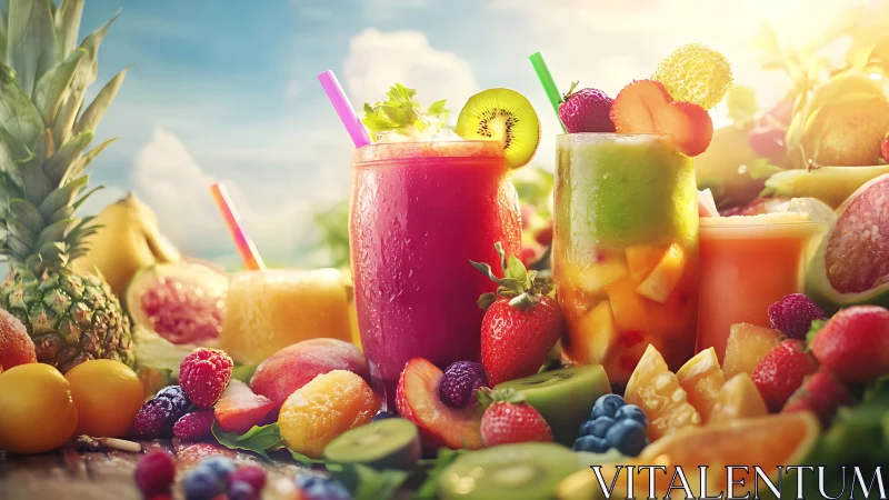 Sunlit symphony of tropical fruit smoothies in vivid bloom.