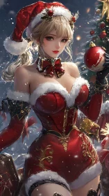 Female character in red Santa outfit holding ornament outdoors.