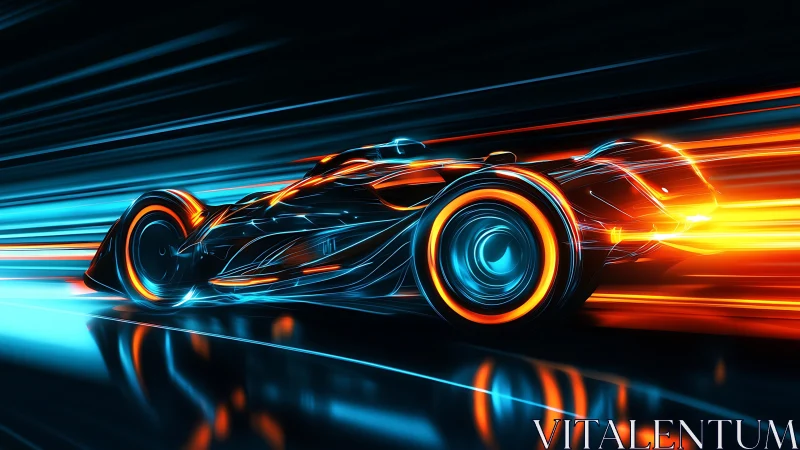 Futuristic neon race car accelerates through electric light