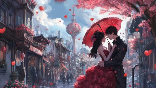 Cherry-Blossom Reverie: Romance Beneath Floating Hearts.