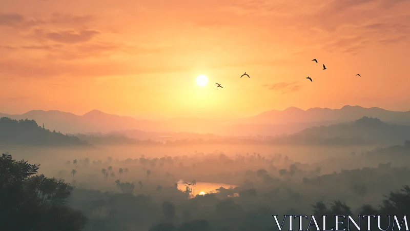 Sun over misty layered hills and distant palm valley.