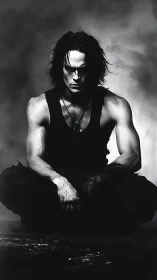 Brooding warrior sits in shadows, wrapped in stormy silence