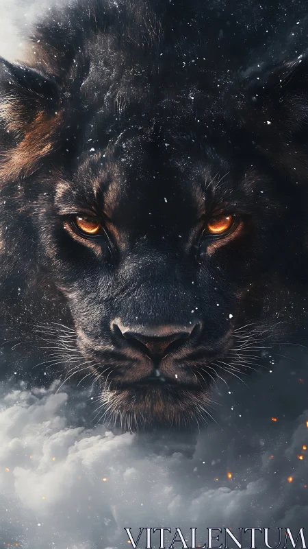 Dark Feline Portrait with Luminous Eyes and Cosmic Particles