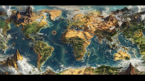 Fantasy world map reimagining Earth with epic realms.