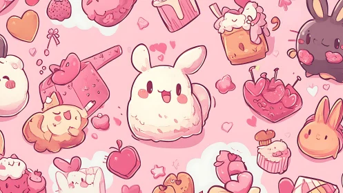 Cute bunny dessert pattern on soft pink background.