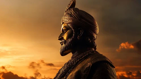 Bronze monarch silhouetted against a storm-soft sunset sky.