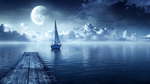 Moonlit sailboat drifting beyond a quiet wooden pier.