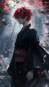 Fox masked wanderer beneath ember leaves and whispered light.