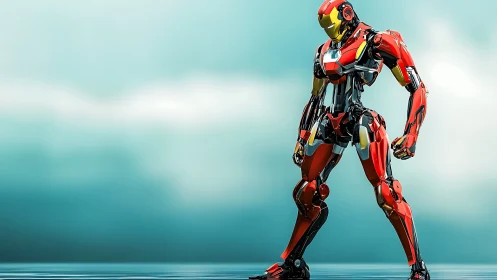 Humanoid red and gold combat robot in reflective stance.