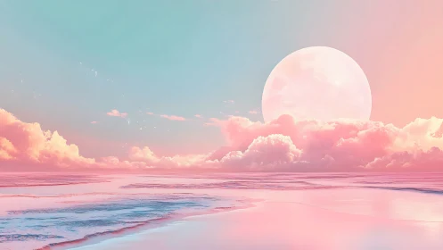 Pastel moonrise over surreal cotton candy ocean sky.