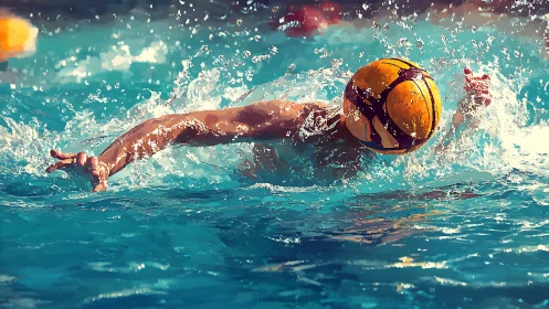Water polo player drives forward through churning pool