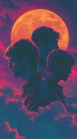 Neon-lit triple portrait unfolds beneath a glowing lunar sky