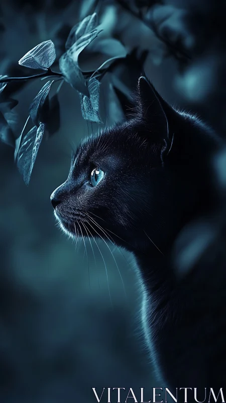 Black cat with pale eyes observes luminescent insects in teal light