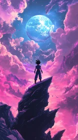 Stargazing warrior quietly greets a glowing world above