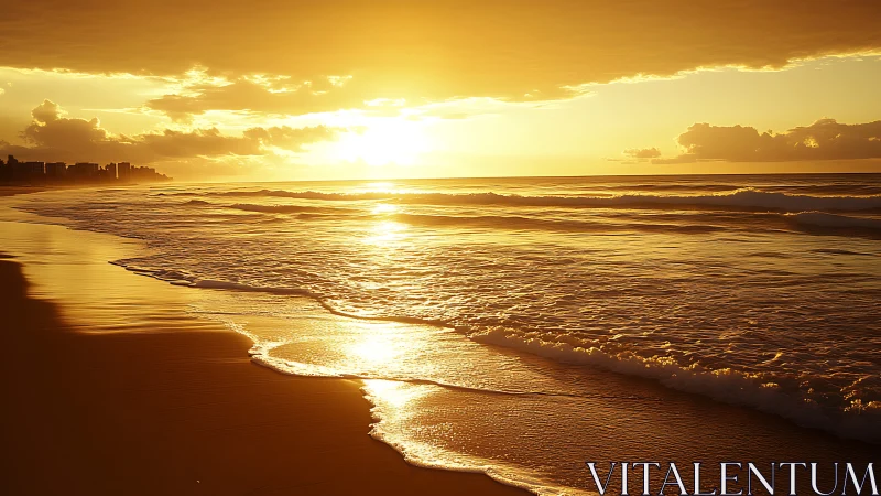 Golden shoreline sunrise soaking the quiet morning beach.