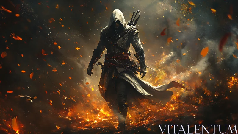 Hooded rogue advancing through burning embers and smoke.