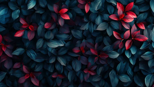 Crimson foliage over deep teal leaves in dense pattern.