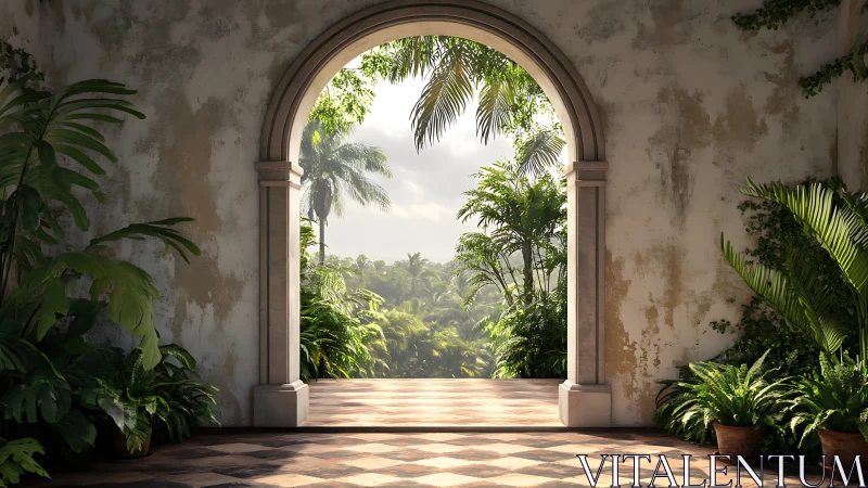 Sunlit stucco archway framing lush tropical courtyard vista