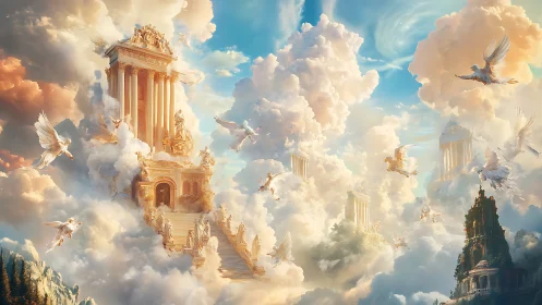 Golden temple in the clouds with doves and glowing sky.