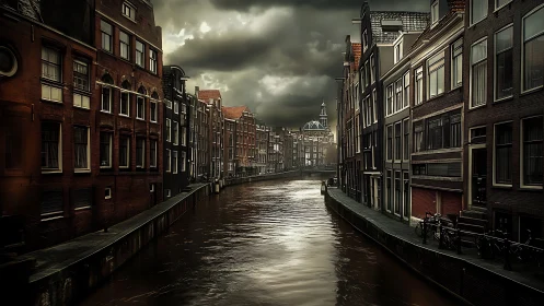 Overcast canal scene aligns receding facades and reflective water
