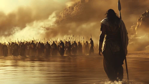 Warrior leads armed army across misty desert shoreline.