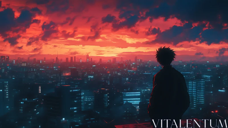 Neon dusk crowns the lone rooftop dreamer above the city glow