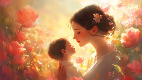 Mother and Child in Blooming Garden Light.