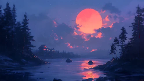 Moonlit lake glows softly beneath a radiant pink sky