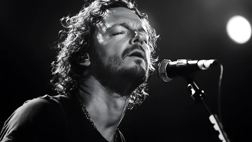 Male vocalist performs into microphone under concert lighting