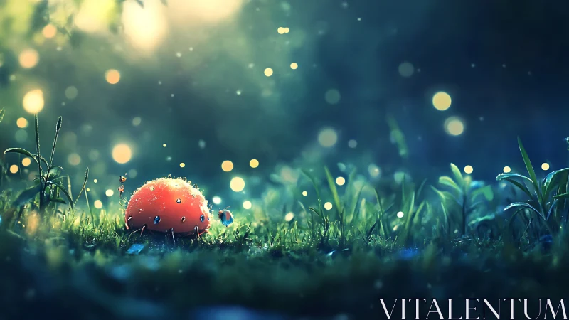 Glowing dewlit mushroom in dreamy twilight meadow.