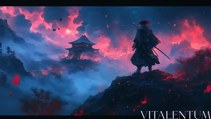 Lone samurai above embered mist and storm-lit temple skies.