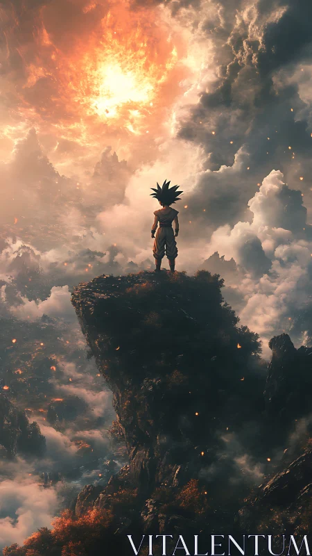 Lone spiky‑haired warrior watching a burning newborn sun.