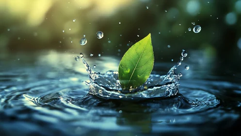 Green leaf in sharp focus within clear water splash.