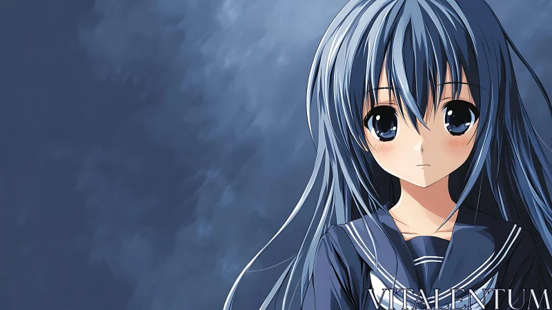 Quiet blue-haired schoolgirl in a soft twilight pause.