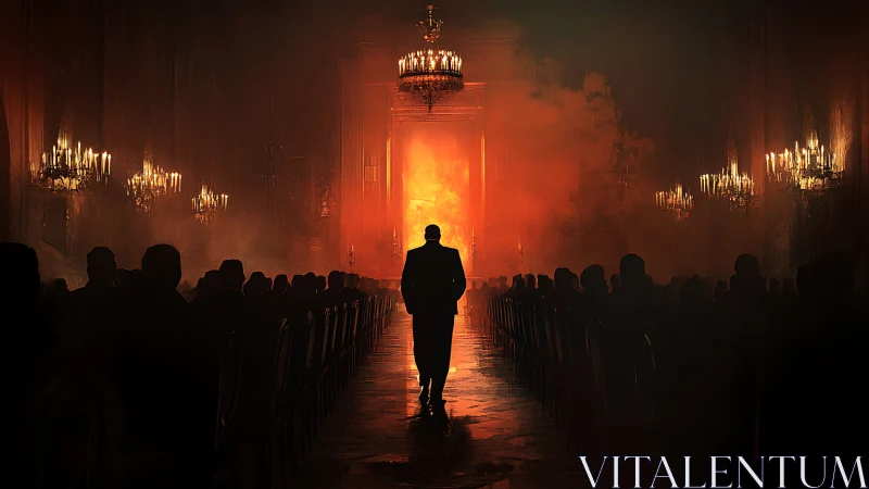 Solitary figure strides through a burning ceremonial hall
