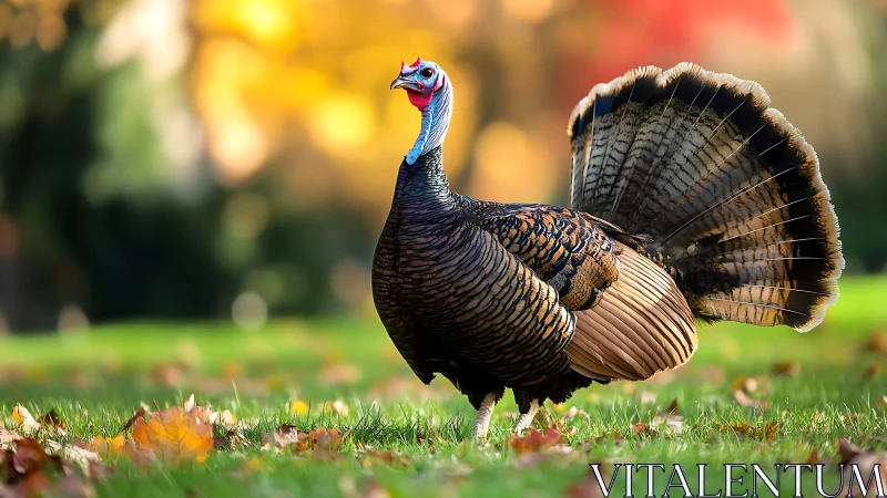 Wild turkey in autumn field with vibrant natural background.
