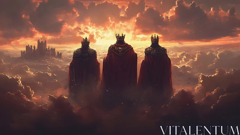 Three crowned rulers survey distant citadel above clouds.