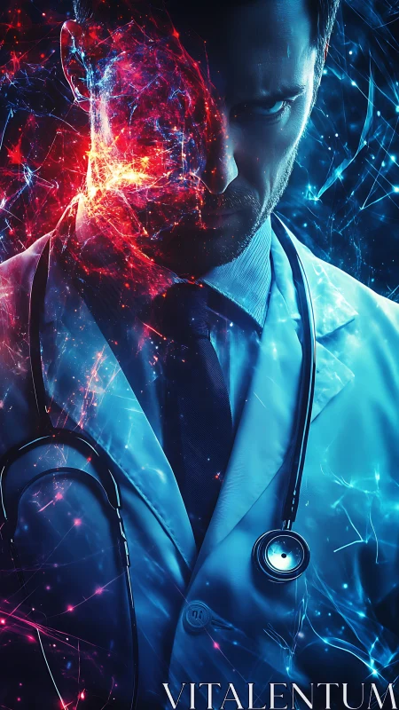 Doctor in glowing neural light bridging science and humanity.