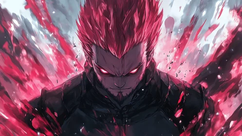 Red haired anime figure with glowing eyes stands amid energy