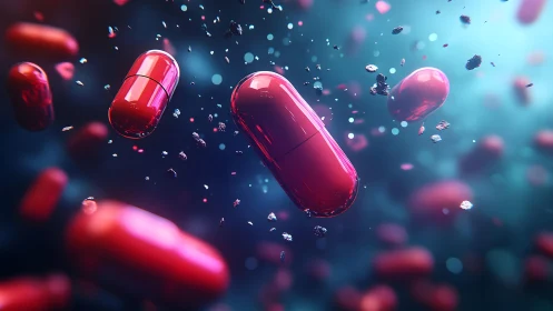Red Capsules Floating in Abstract Digital Space, Futuristic Style.