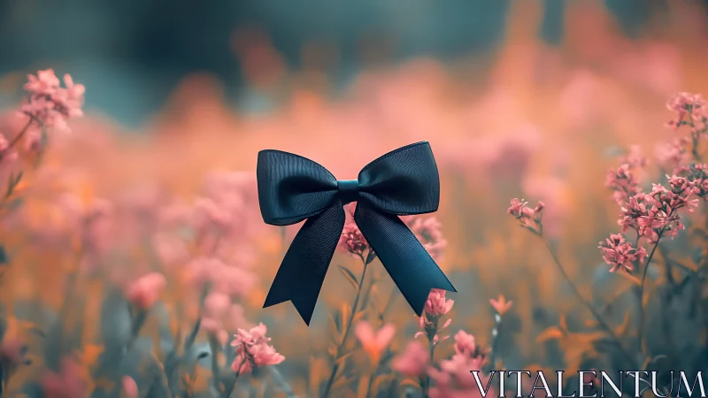 Navy Ribbon Suspended Over Soft Wildflower Field.