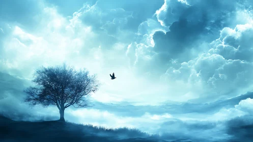 Solitary tree anchors misty valley beneath luminous sky