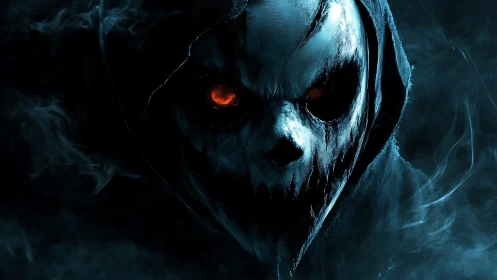 Hooded spectral skull with molten red eye in cyan smoke.