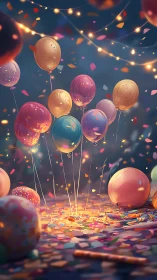 Magical Balloons Floating Among Glowing Lights and Confetti