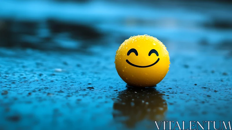 Smiling yellow ball contrasts sharply against wet blue ground